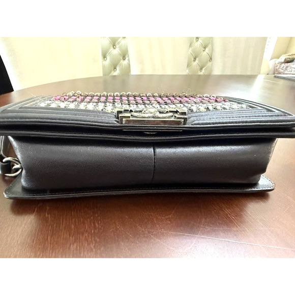 Chanel TWEED WOVEN Medium Boy Flap Bag Embellished Black Lambskin Box & Dustbag - Picture 7 of 16